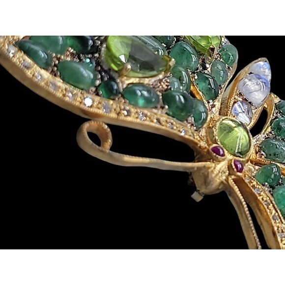 Diamond Emerald Peridot Gilded Brooch Pendant 585 Bail 24k Gold Plated Sterling - Picture 6 of 16